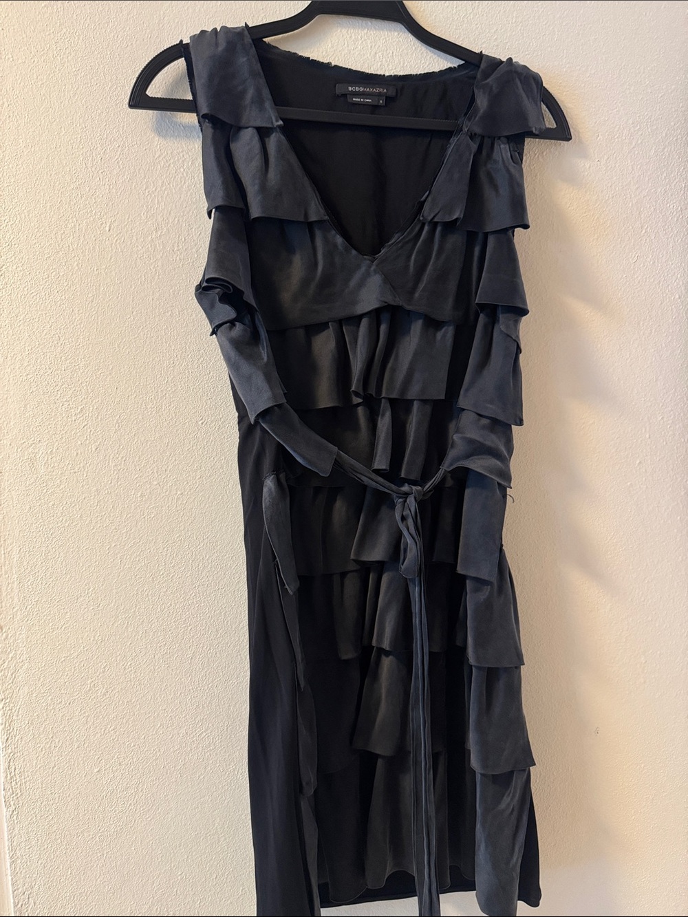 BCBGMaxAzria Black Ruffle Tiered Midi Dress with Self-Tie Belt